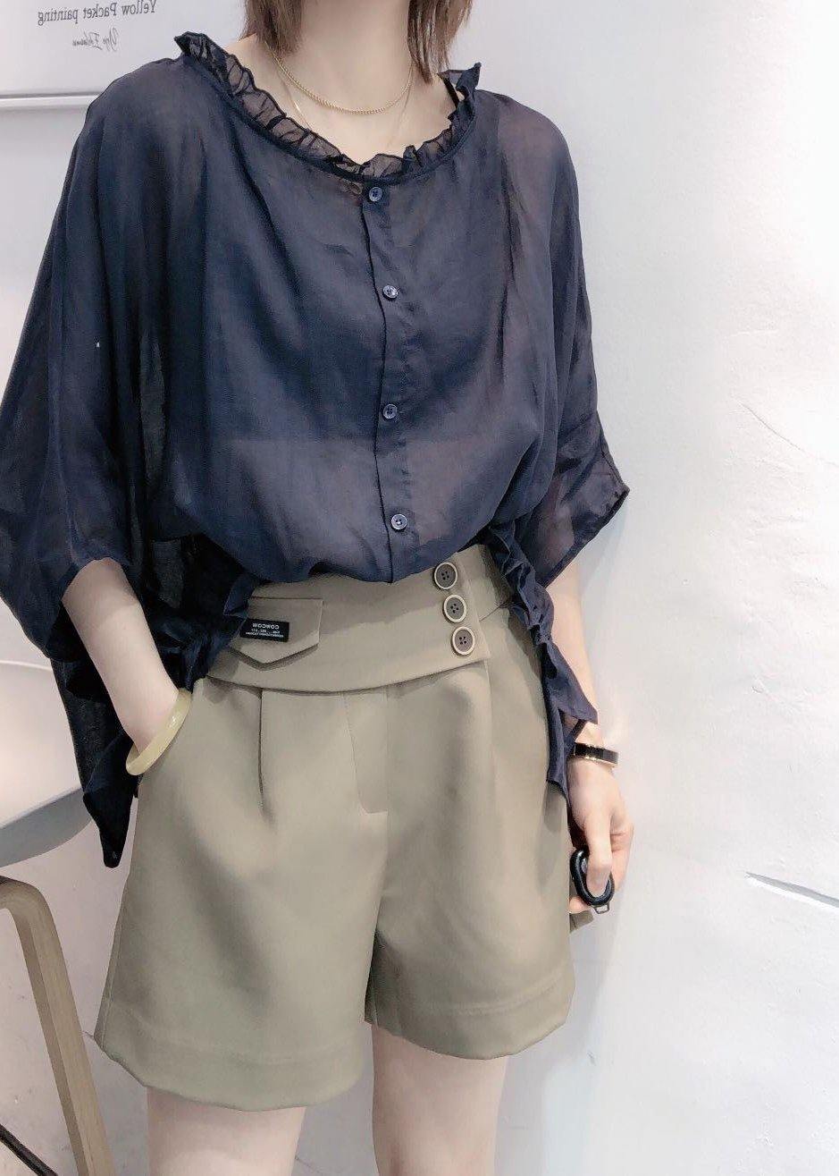 Art Navy Ruffle Trim Half Sleeve Blouse Chic for Women | Mireya