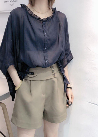 Art Navy Ruffle Trim Half Sleeve Blouse Chic for Women | Mireya