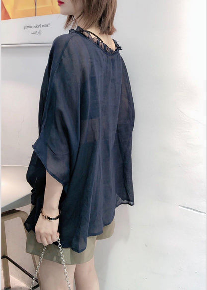 Art Navy Ruffle Trim Half Sleeve Blouse Chic for Women | Mireya