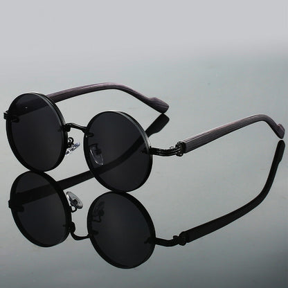 Round metal wood-textured temple sunglasses for women | Aurora -5