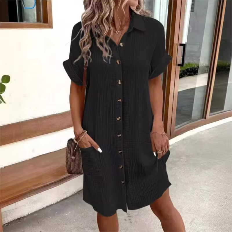 Button-down linen shirt dress with pockets for women | Marina -7