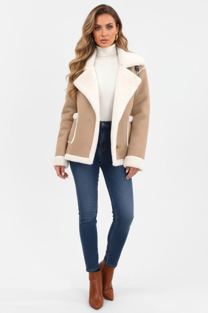 Plush lapel jacket with textured finish for women | Caurelle