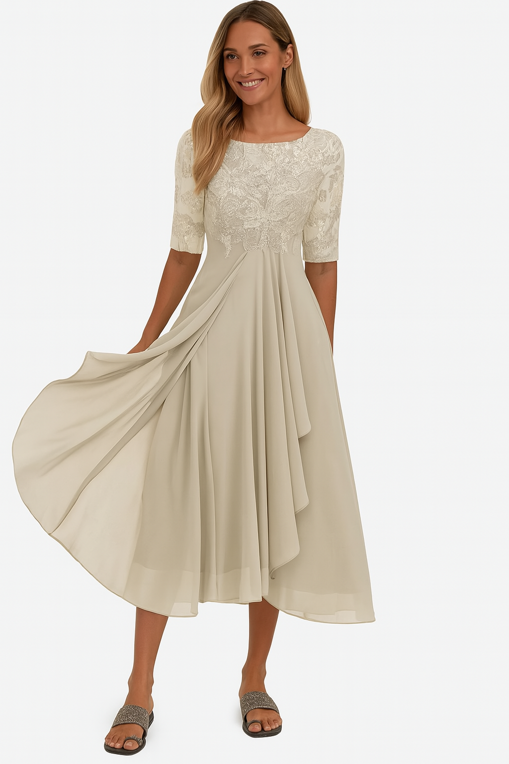 Elegant A-line midi dress with lace detail Chic for Women | Vera Élan