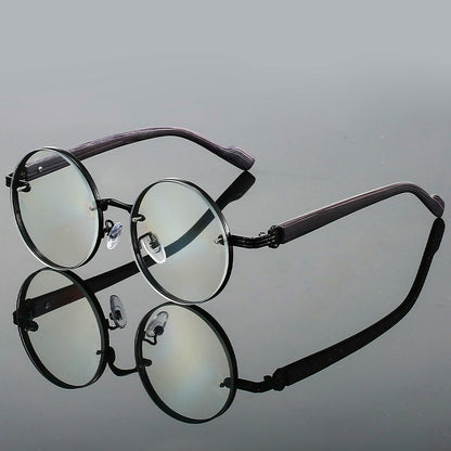 Round metal wood-textured temple sunglasses for women | Aurora -6