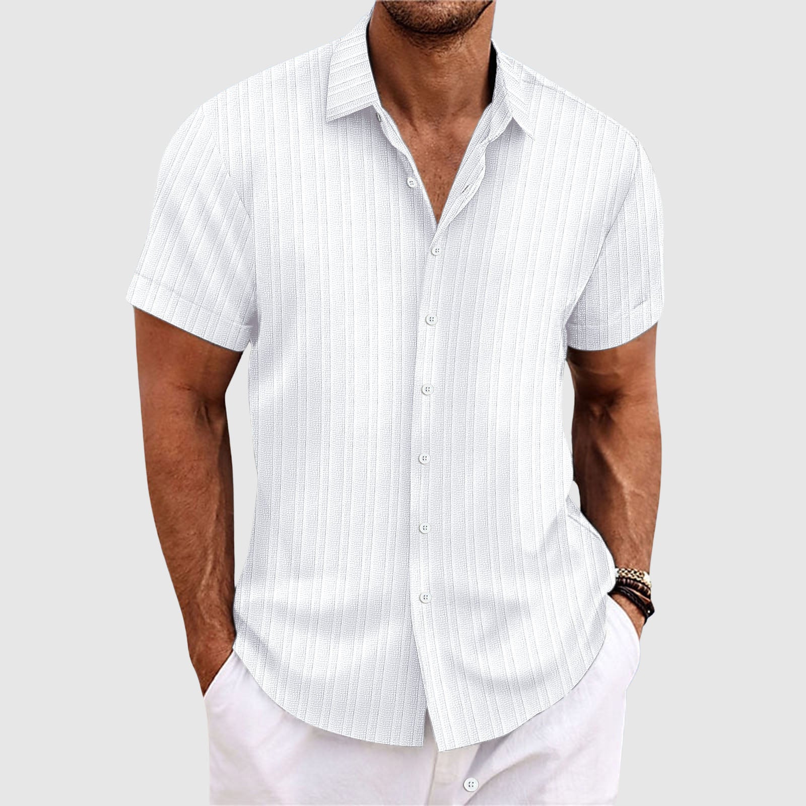 Striped lapel-collar short-sleeve casual shirt for men | Summit Felix -2