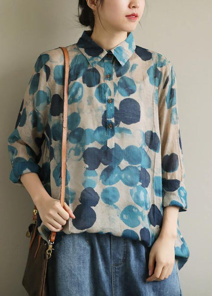 Blue Dotted Lapel Tunic Blouse Chic for Women | Mariselle