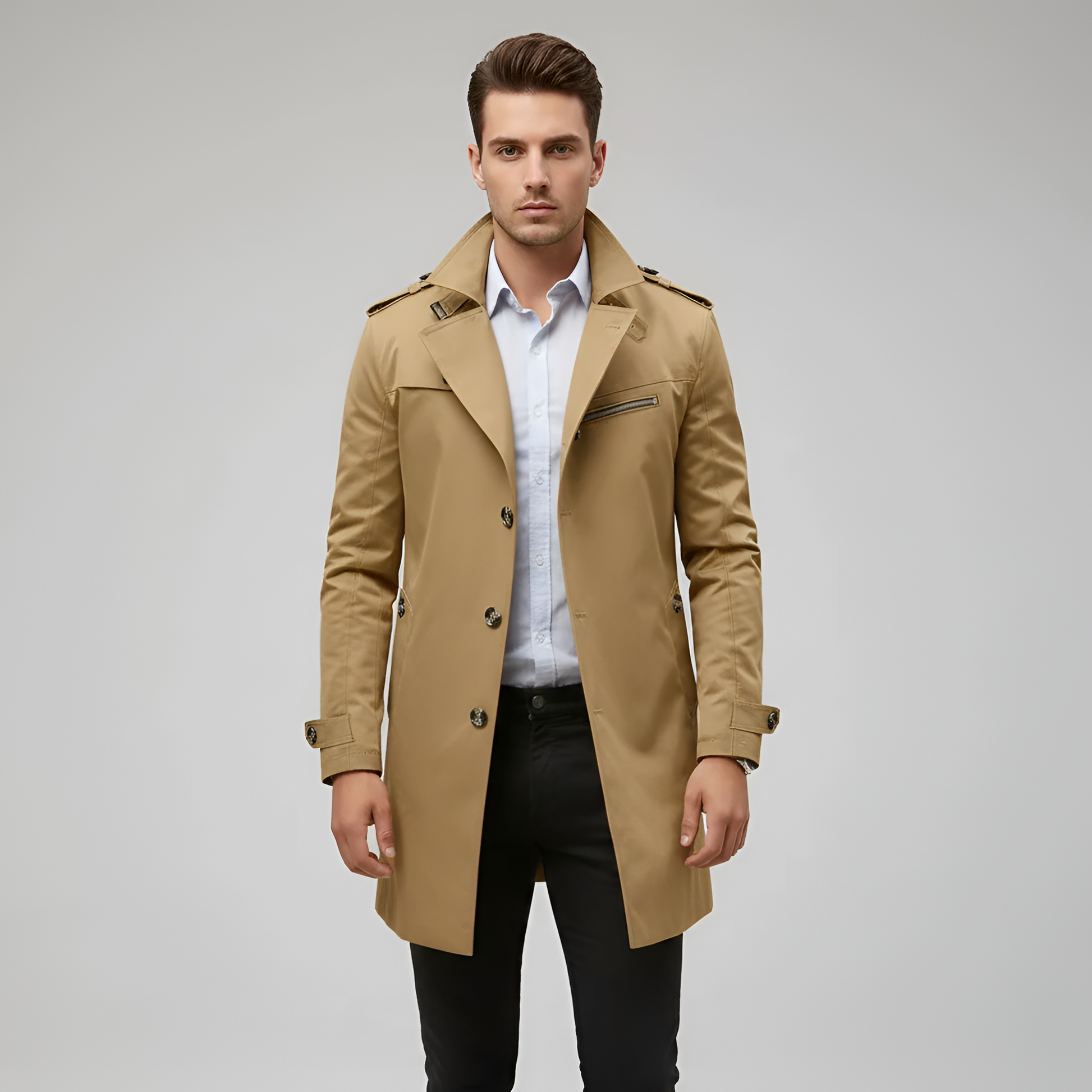 Elegant belted button-through trench coat for men | Valerios -7