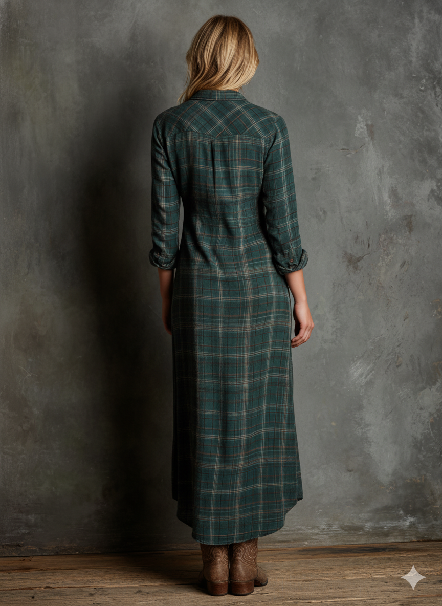 Plaid lapel shirt-style maxi dress for women | Plaidella -4