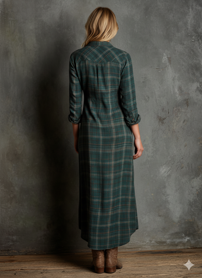Plaid lapel shirt-style maxi dress for women | Plaidella -4