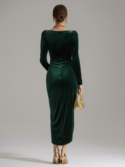 Velvet ruffled-neckline elegant midi dress for women | Elanova -6