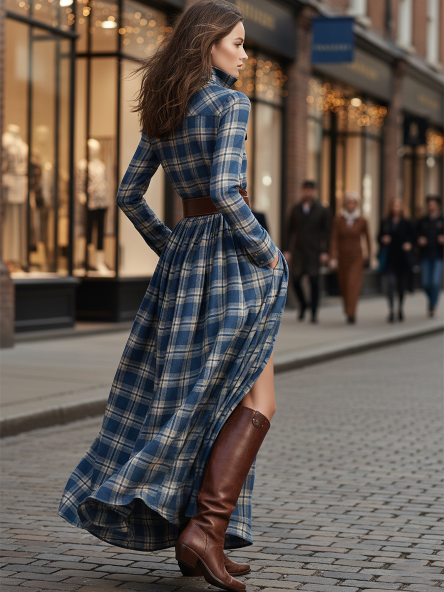 Retro plaid lapel-collar belted maxi dress for women | Marzena -20