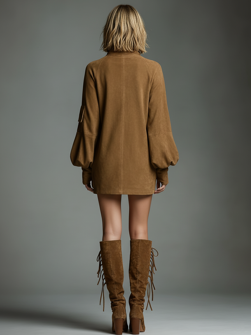 Vintage loose suede turtleneck mini dress for women | Suedette -6