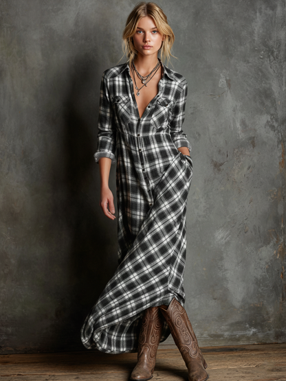 Plaid lapel shirt-style maxi dress for women | Plaidella -5