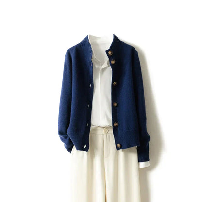 Classic button-front knit cardigan with ribbed trim | Elise