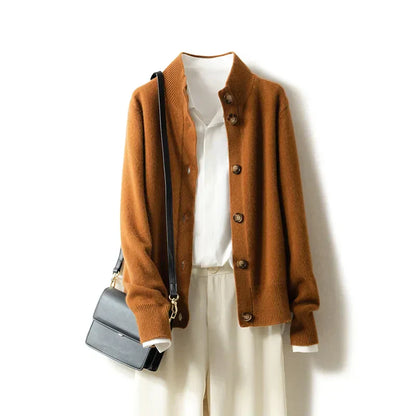 Classic button-front knit cardigan with ribbed trim | Elise