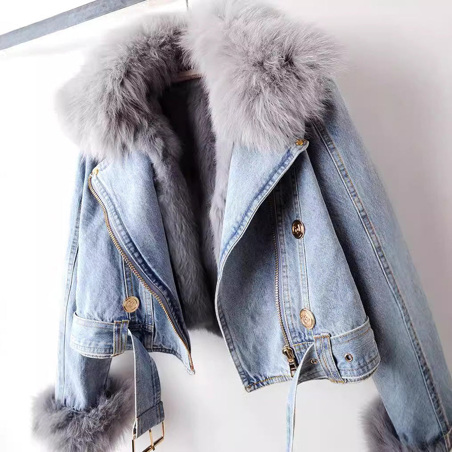 Faux fur denim jacket for women | Phylicia