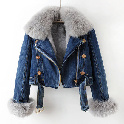 Faux fur denim jacket for women | Phylicia