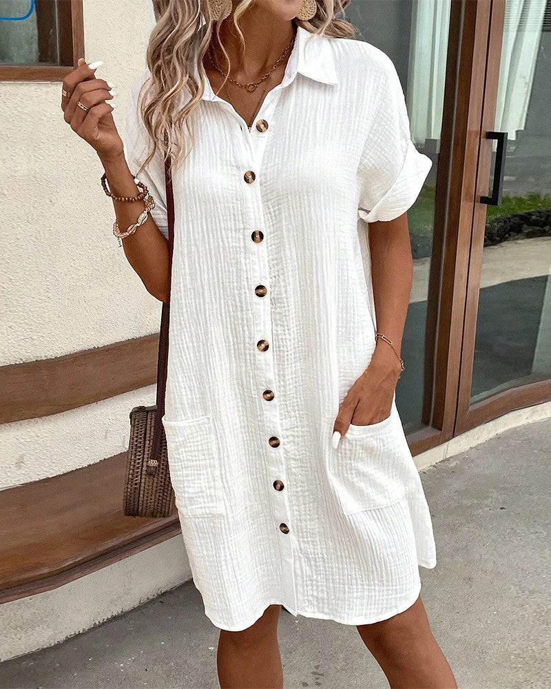 Button-down linen shirt dress with pockets for women | Marina -2