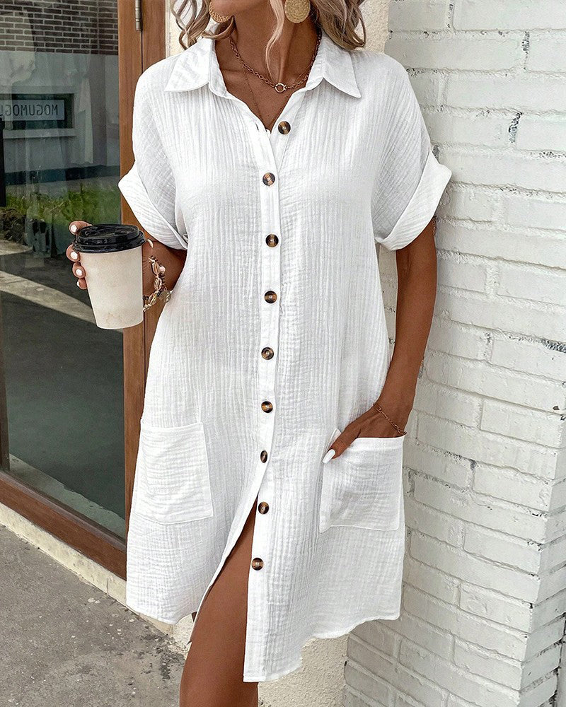 Button-down linen shirt dress with pockets for women | Marina -3