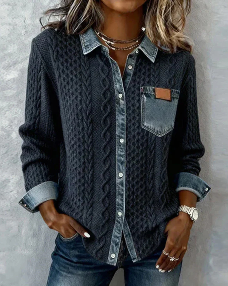 Denim patchwork casual everyday shirt for women | Juliane -2