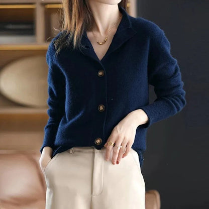 Classic button-front knit cardigan with ribbed trim | Elise