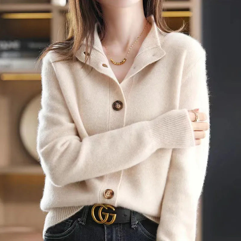 Classic button-front knit cardigan with ribbed trim | Elise