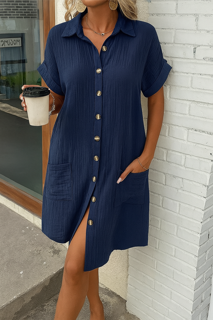 Button-down linen shirt dress with pockets for women | Marina -16