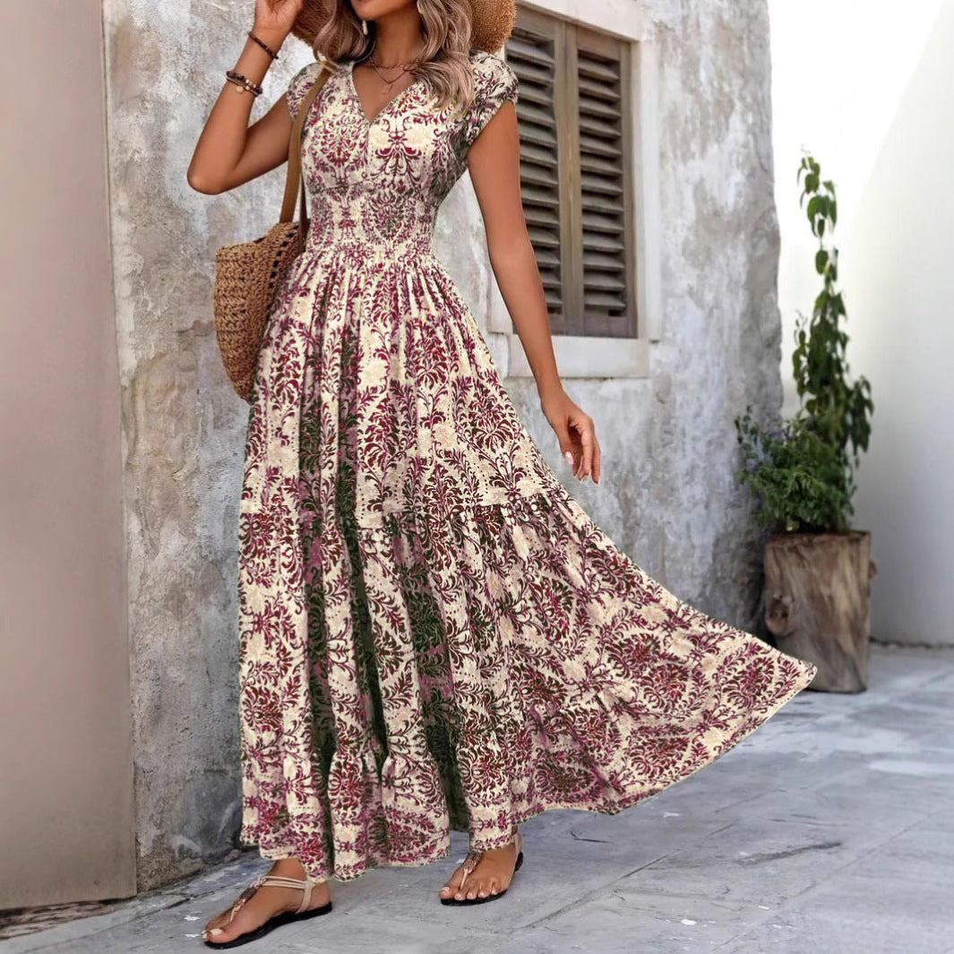 Chic summer V-neck shirred boho dress for women | Liora