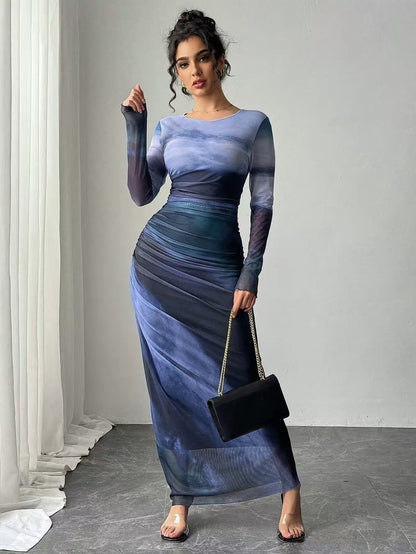 Printed long sleeve bodycon maxi dress for women | Torina