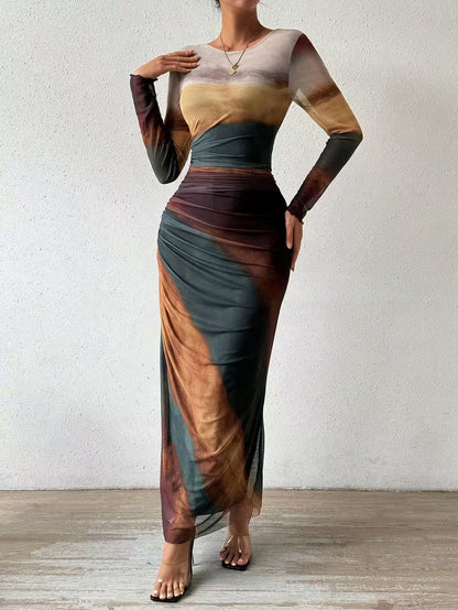 Printed long sleeve bodycon maxi dress for women | Torina