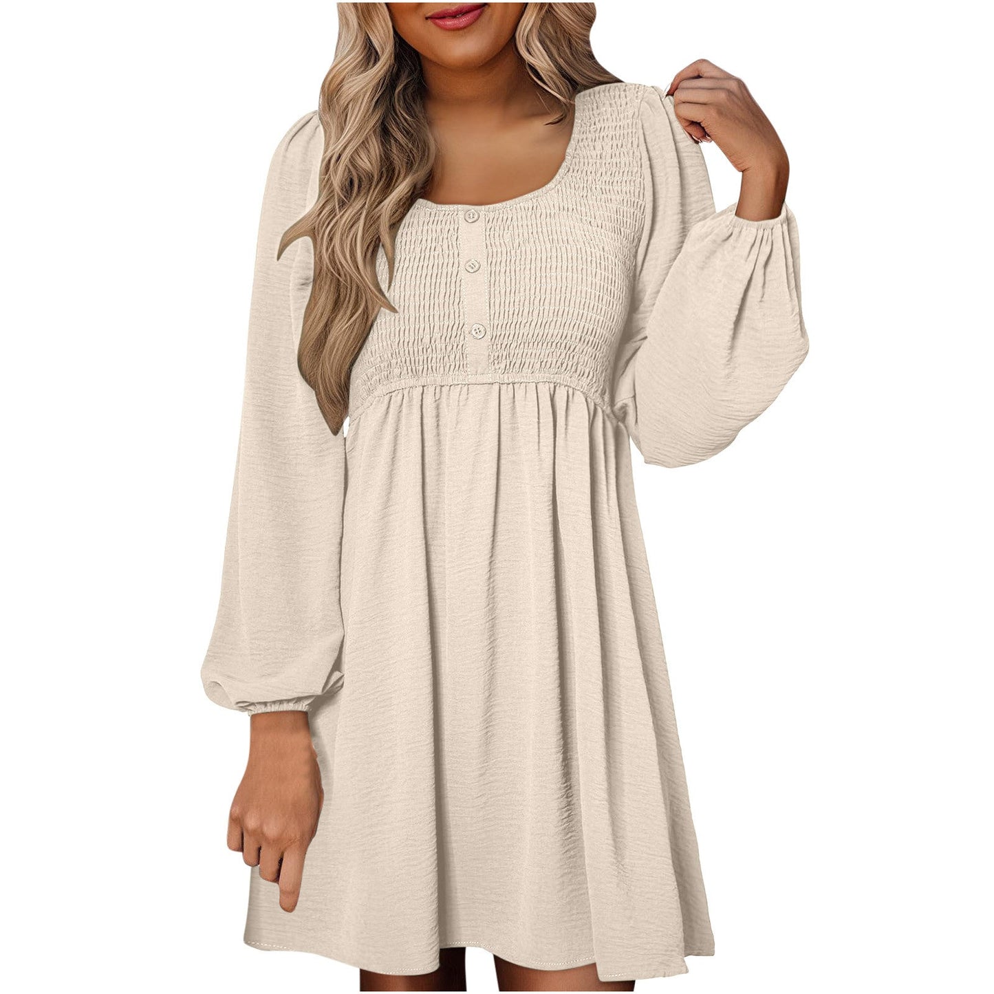 Casual smocked empire waist A-line dress with button-up detail for women | Elowen