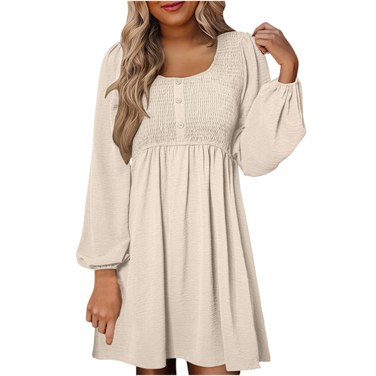 Casual smocked empire waist A-line dress with button-up detail for women | Elowen