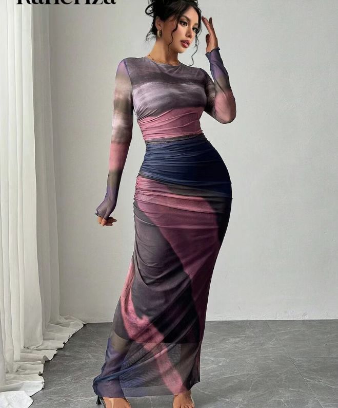 Printed long sleeve bodycon maxi dress for women | Torina