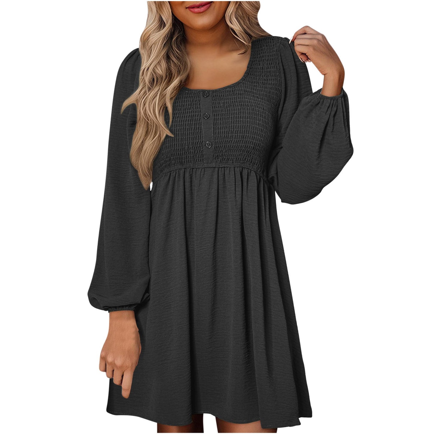 Casual smocked empire waist A-line dress with button-up detail for women | Elowen