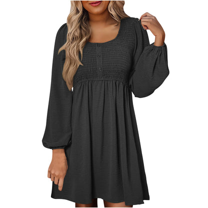 Casual smocked empire waist A-line dress with button-up detail for women | Elowen