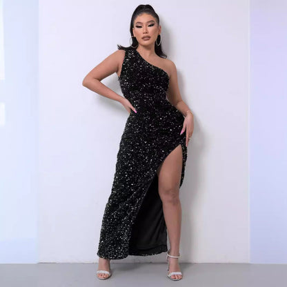 Elegant one-shoulder sequin evening dress for women | Elara