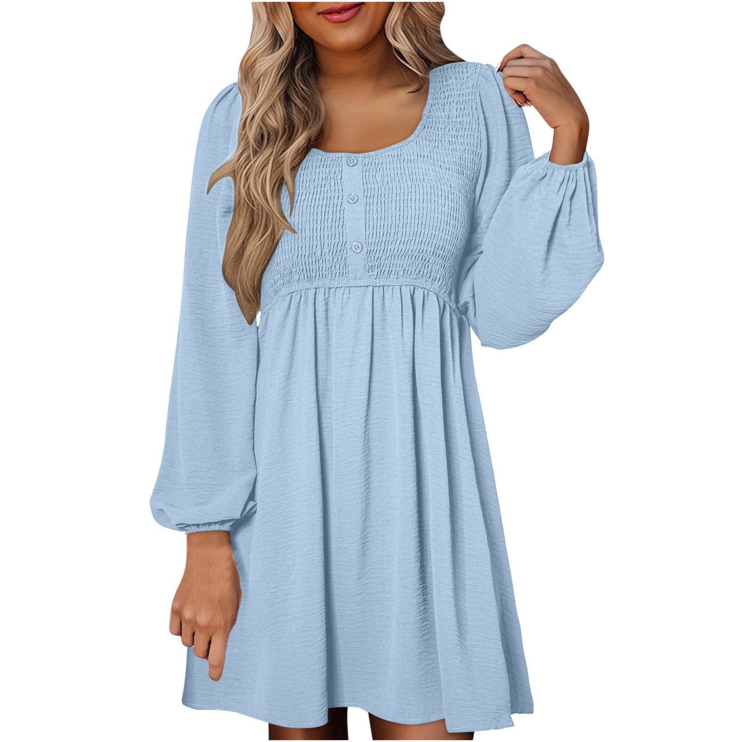 Casual smocked empire waist A-line dress with button-up detail for women | Elowen