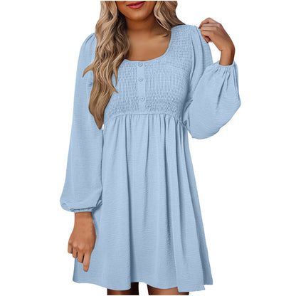 Casual smocked empire waist A-line dress with button-up detail for women | Elowen