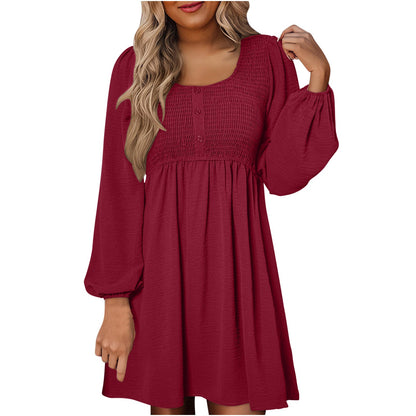 Casual smocked empire waist A-line dress with button-up detail for women | Elowen