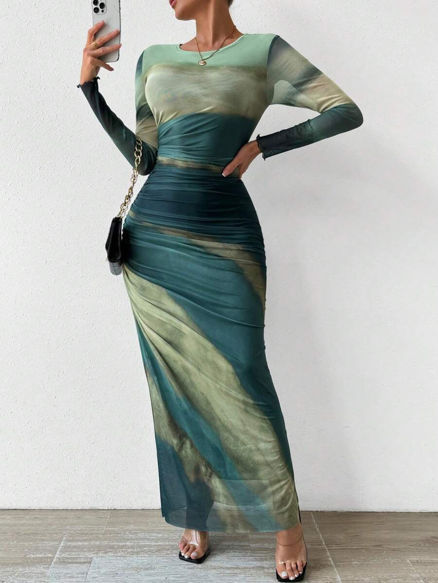 Printed long sleeve bodycon maxi dress for women | Torina