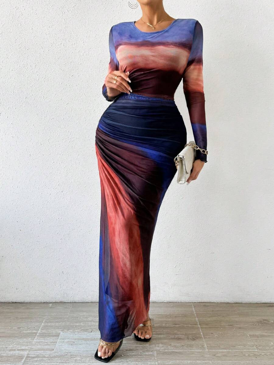 Printed long sleeve bodycon maxi dress for women | Torina