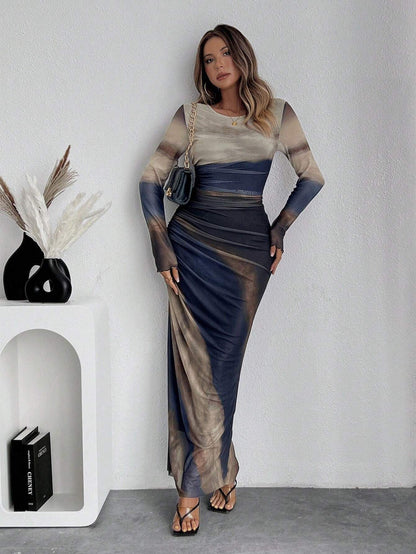 Printed long sleeve bodycon maxi dress for women | Torina