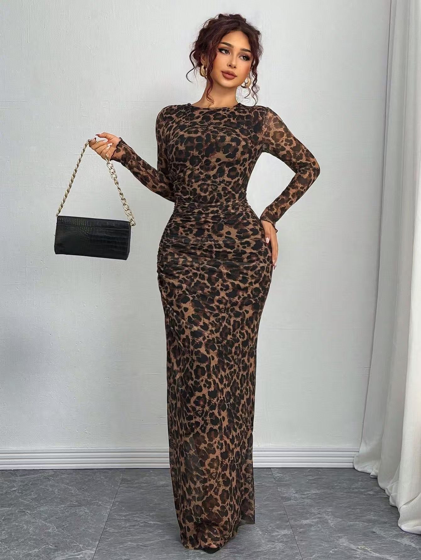 Printed long sleeve bodycon maxi dress for women | Torina