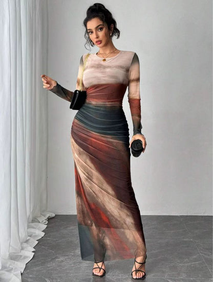 Printed long sleeve bodycon maxi dress for women | Torina