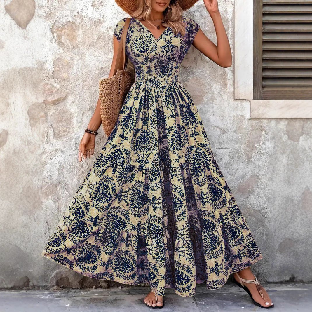 Chic summer V-neck shirred boho dress for women | Liora