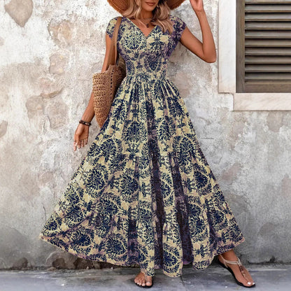 Chic summer V-neck shirred boho dress for women | Liora