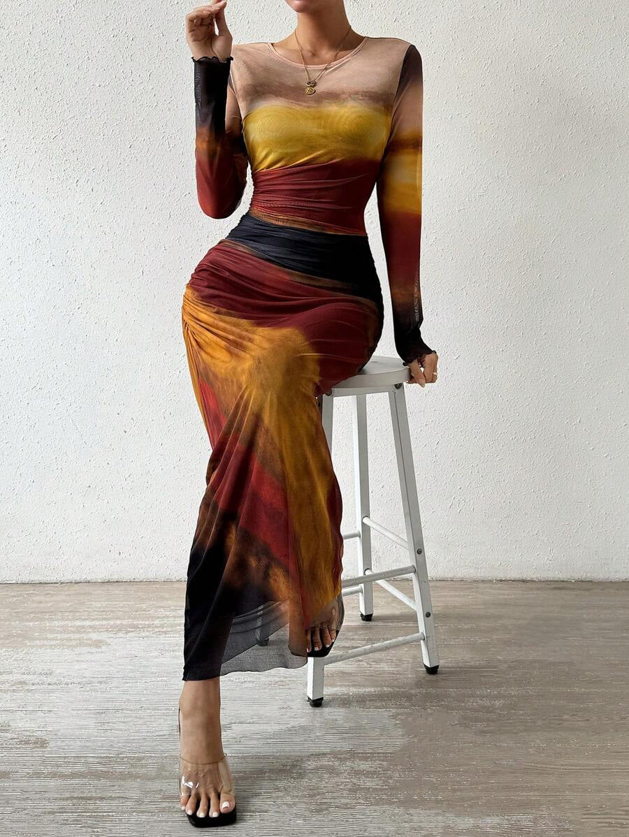 Printed long sleeve bodycon maxi dress for women | Torina