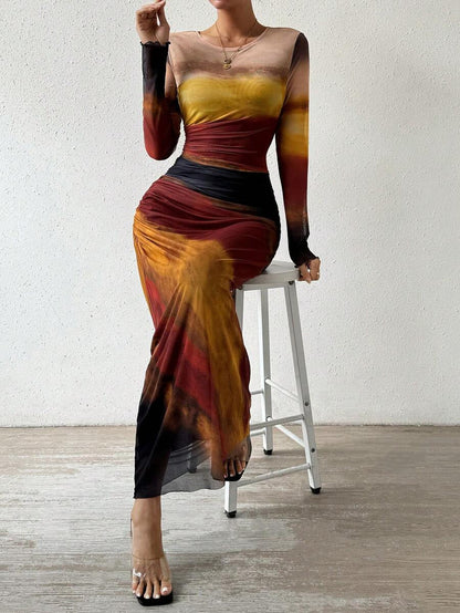 Printed long sleeve bodycon maxi dress for women | Torina