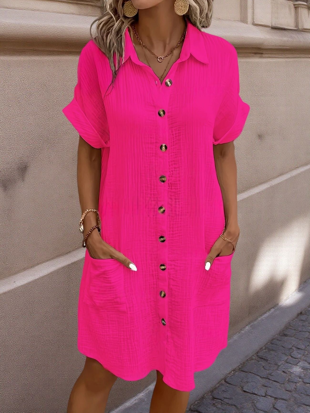 Button-down linen shirt dress with pockets for women | Marina -13