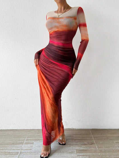 Printed long sleeve bodycon maxi dress for women | Torina